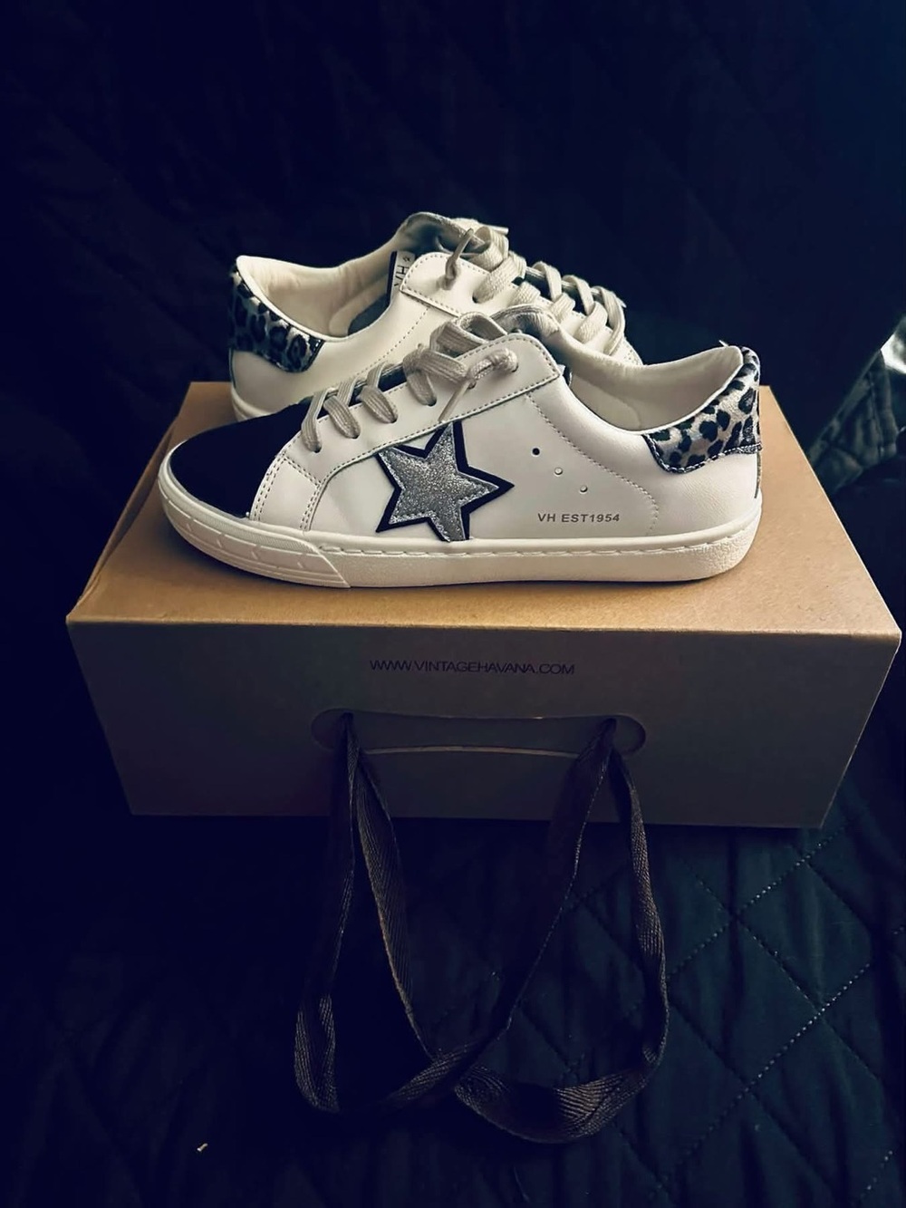 Vintage Havana White Sneakers with Black Toe and Leopard Heel